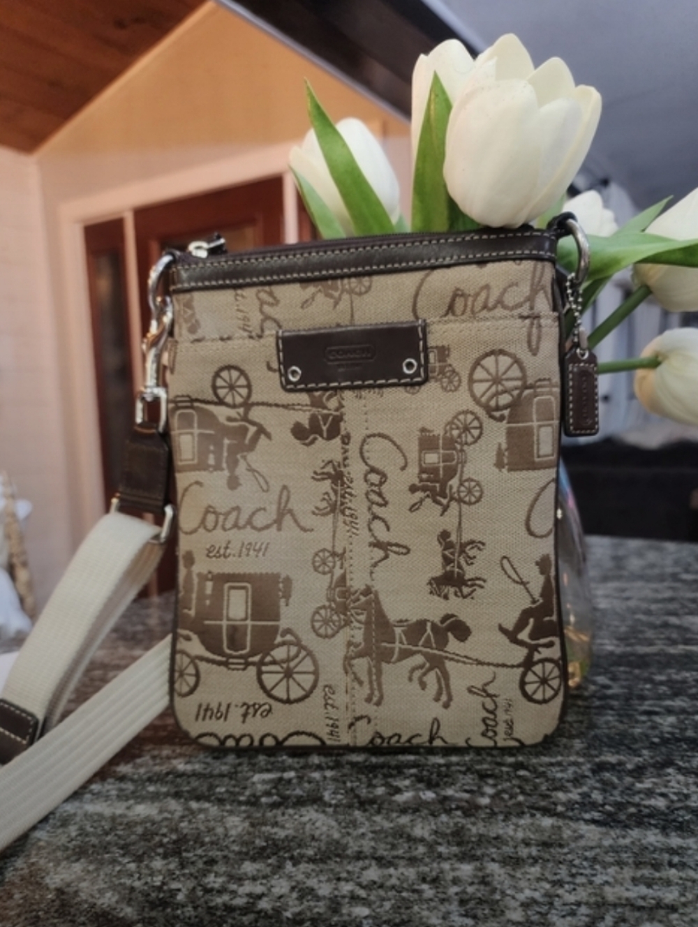Coach Beige Signature Canvas Crossbody Bag-9×6.5
